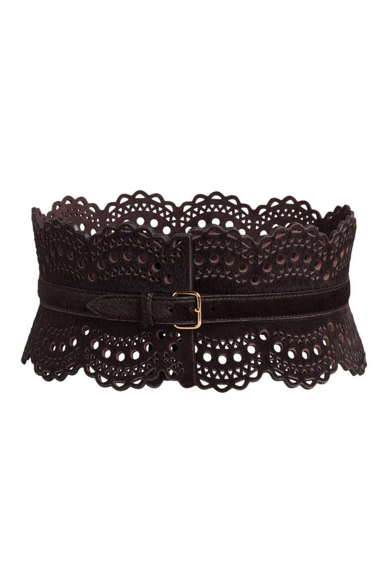 Vienne Calf Hair Wide Bustier Belt, Main, color, CHOCOLATE
