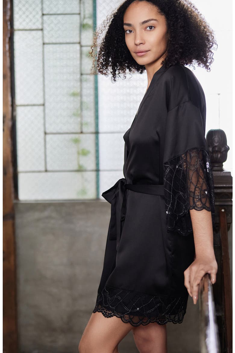 Gabby Lace Trim Satin Chermeuse Wrap, Alternate, color, BLACK