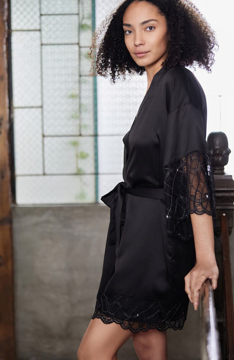 Flora Nikrooz Gabby Lace Trim Satin Chermeuse Wrap, Alternate, color, Black