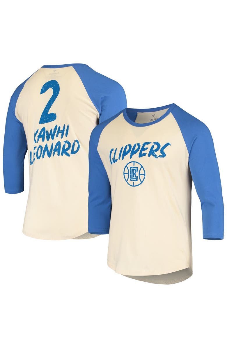 FANATICS Men's Fanatics Branded Kawhi Leonard Cream/Royal LA Clippers Raglan 3/4 Sleeve T-Shirt, Main, color, 
