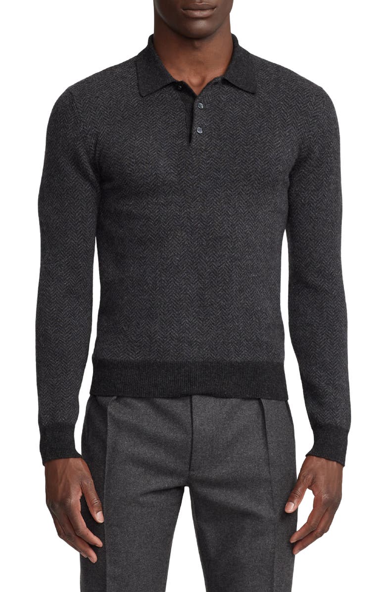 Ralph Lauren Purple Label Herringbone Cashmere Polo Sweater, Main, color,
