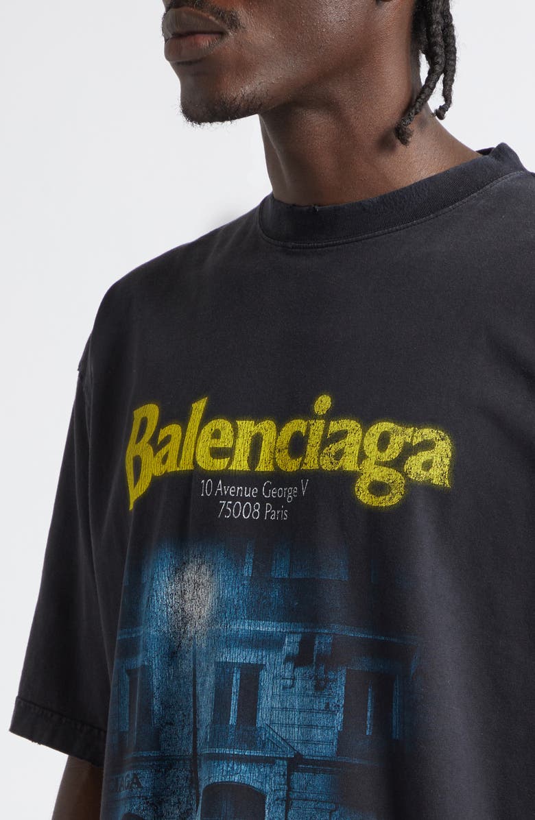 Balenciaga Medium Fit Distressed The Address Graphic T-Shirt, Alternate, color, Faded Washed Black