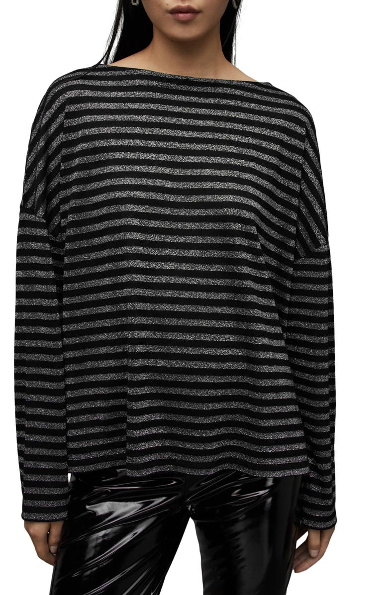 AllSaints Rita Stripe Long Sleeve Boat Neck T-Shirt, Main, color, Black Shimmer