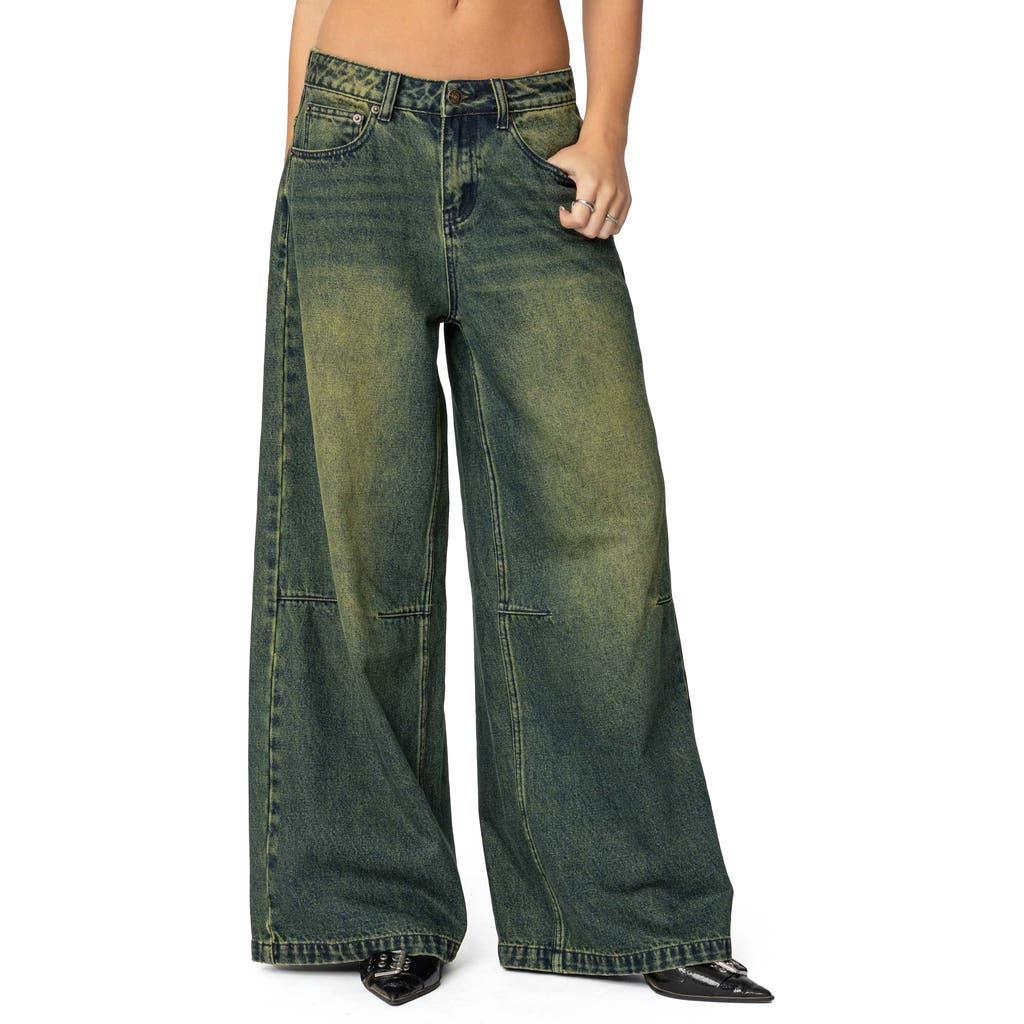 Shop Edikted Shawn Tinted Low Rise Wide Leg Jeans In Blue-washed