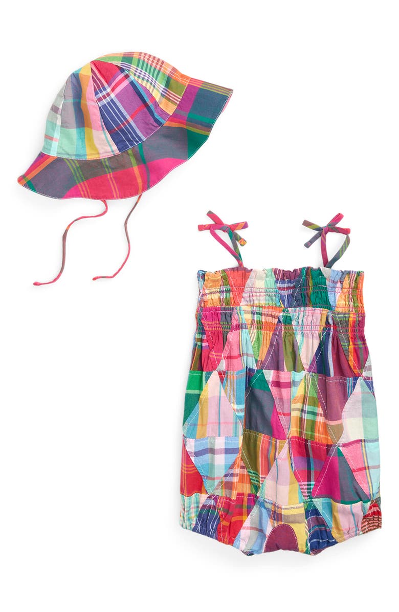 Ralph Lauren Patchwork Cotton Romper & Sun Hat, Alternate, color, 