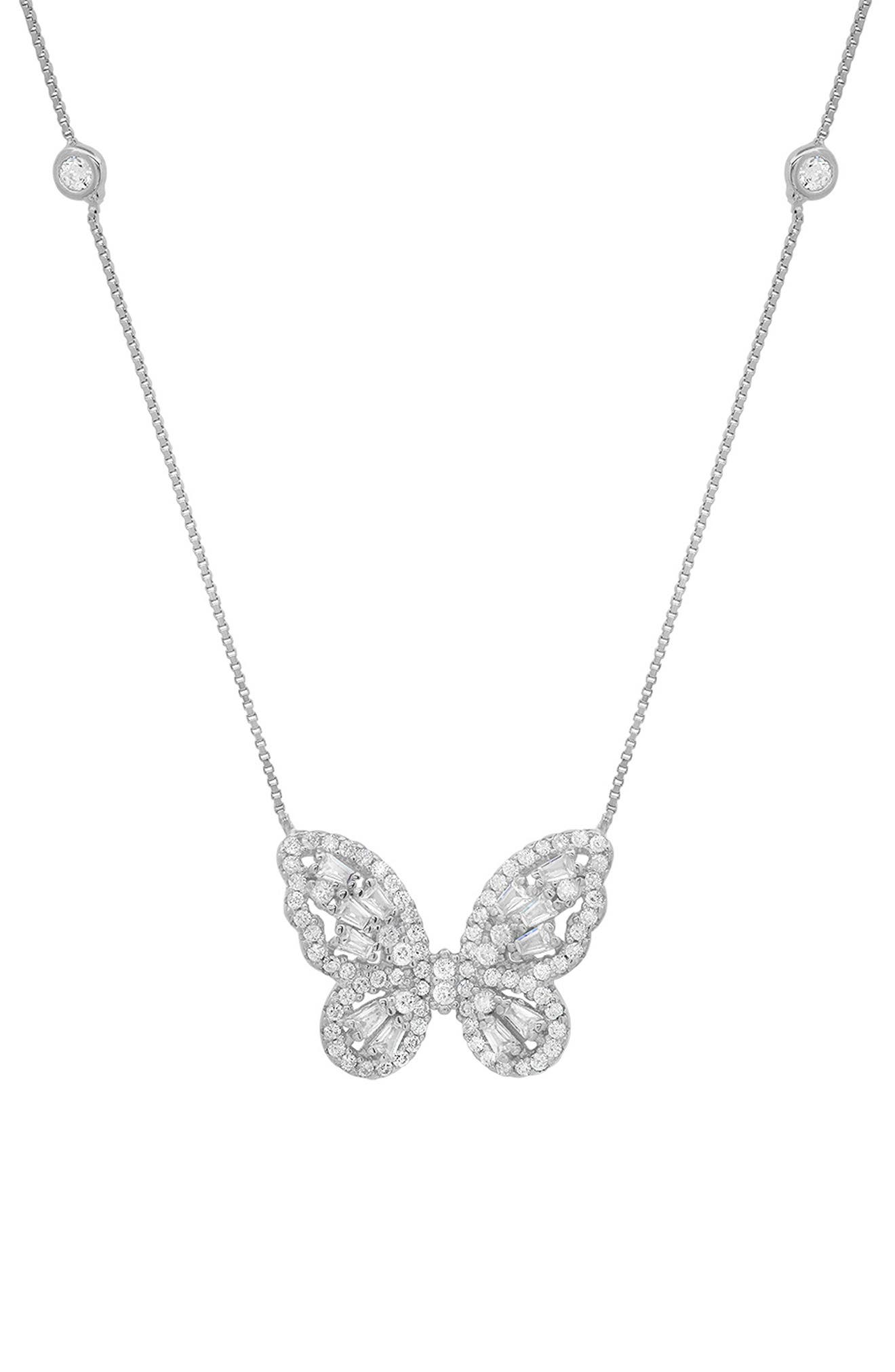 Queen Jewels Sterling Silver CZ Embellished Butterfly Pendant Station Chain Necklace