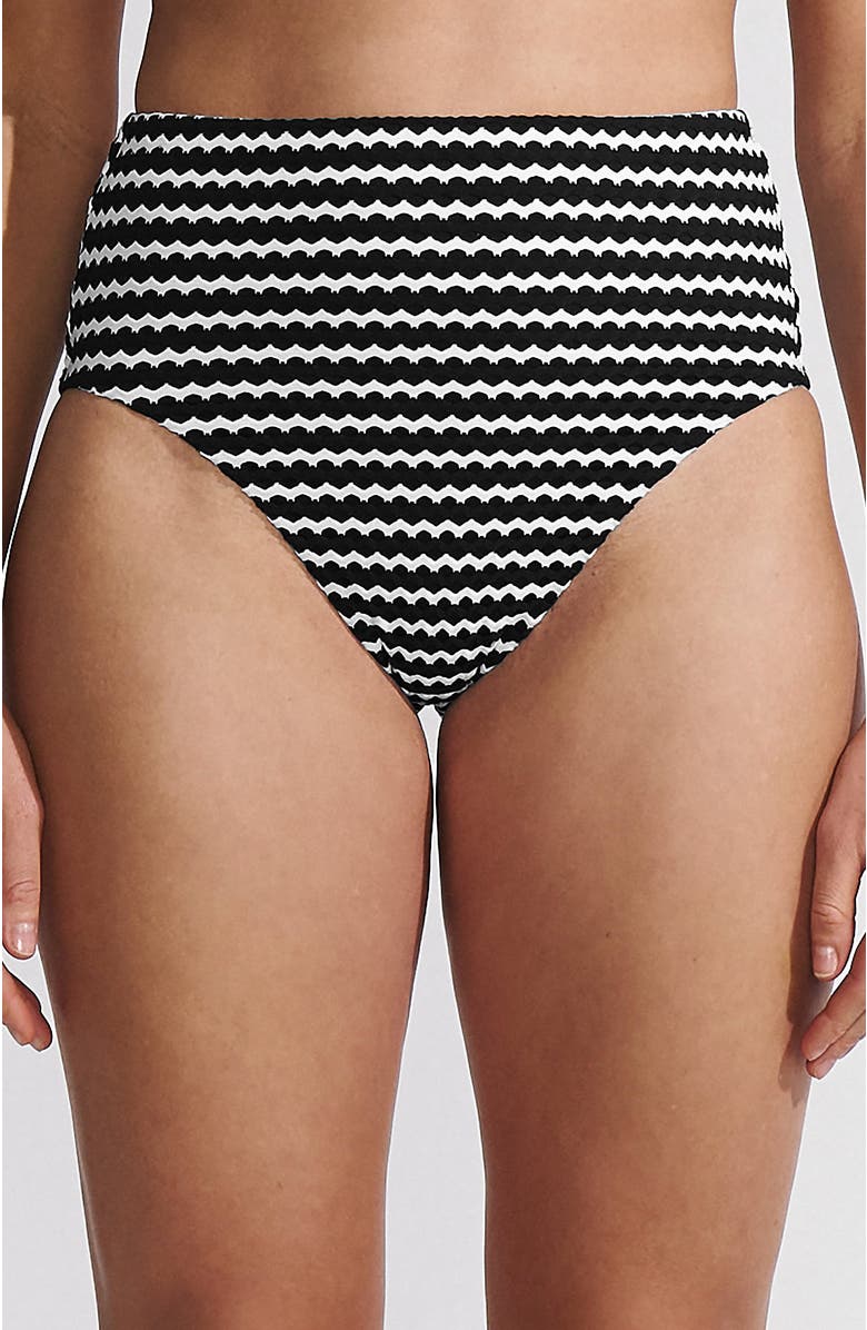 Lands' End Ribbed Smoothing High Waisted Bikini Bottoms, Main, color, Striped Black/White