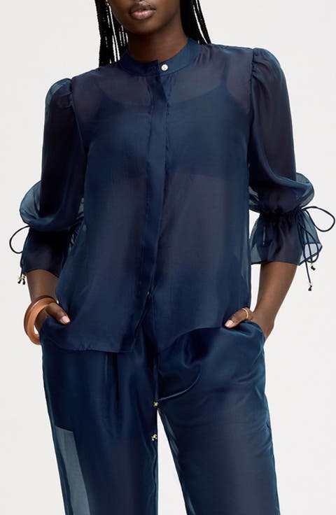 Semi Sheer Button-Up Tie Cuff Top