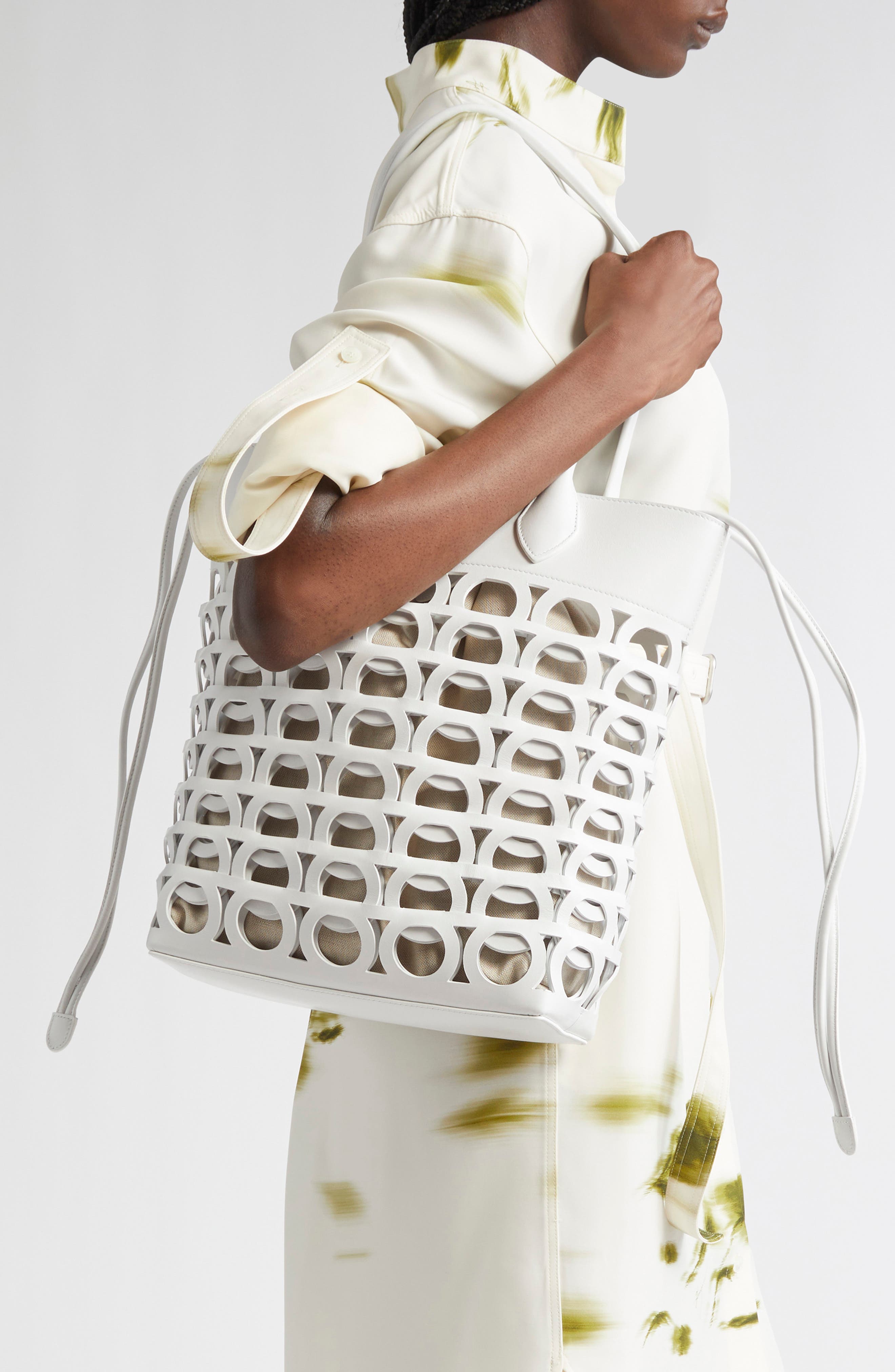 FERRAGAMO Medium Gancini Perforated Leather Tote, Alternate, color, Optic-White/ Naturale