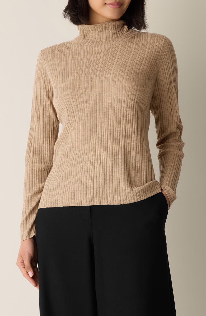 Eileen Fisher Rib Turtleneck Wool Sweater, Main, color, Biscuit