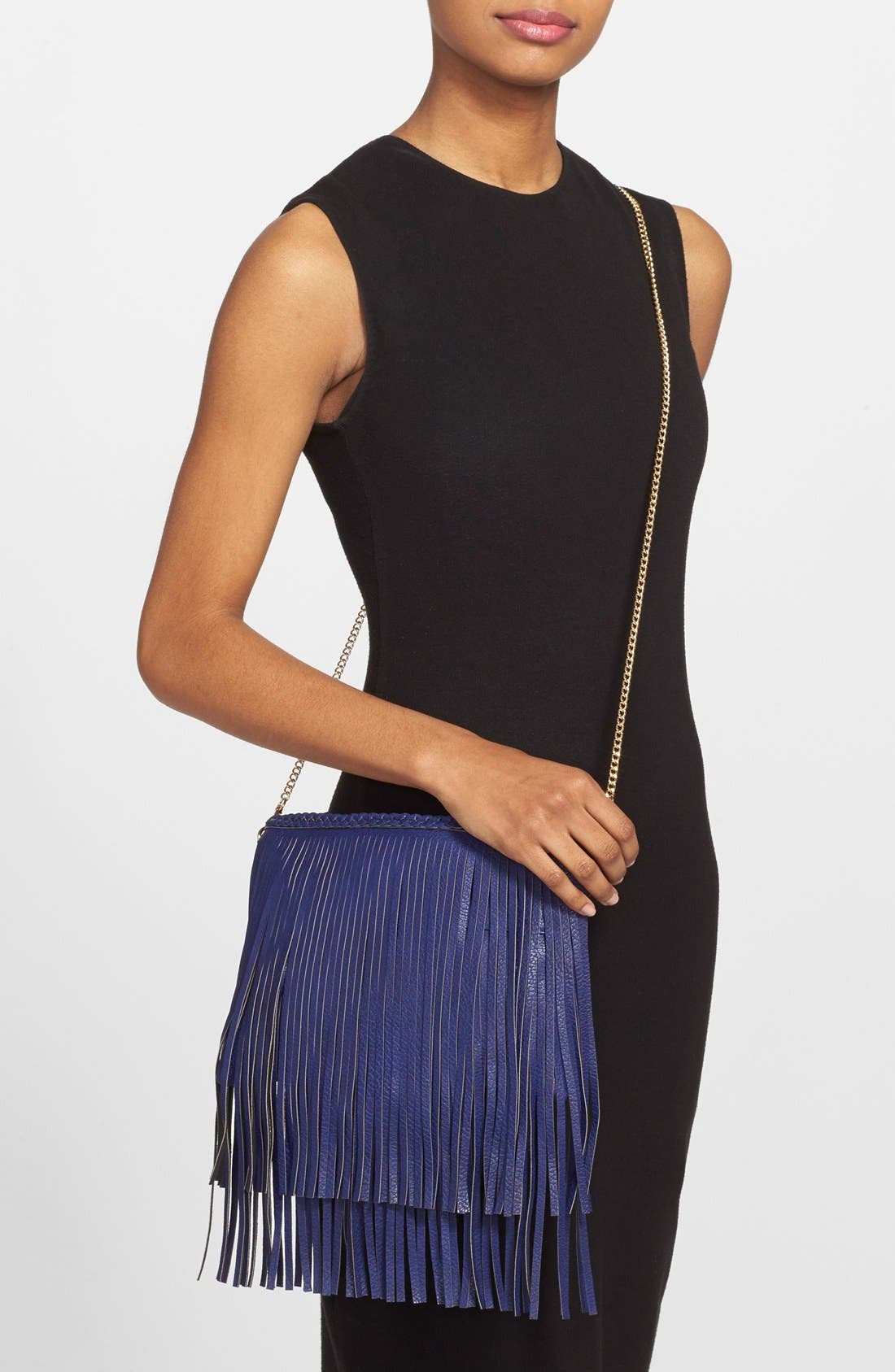 'Rose' Fringe Faux Leather Convertible Crossbody Bag, Alternate, color, NAVY