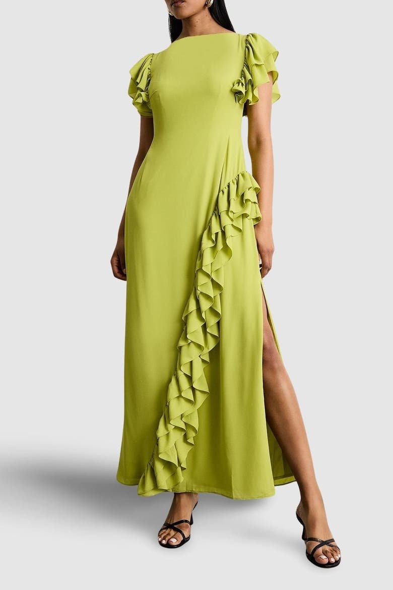 Side Split Ruffle Detail Maxi Dress, Alternate, color, Lime