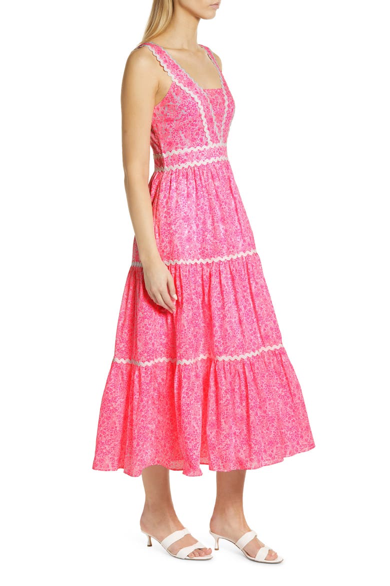 Pollie Floral Rickrack Tiered Cotton Dress, Alternate, color, PINK SHANDY