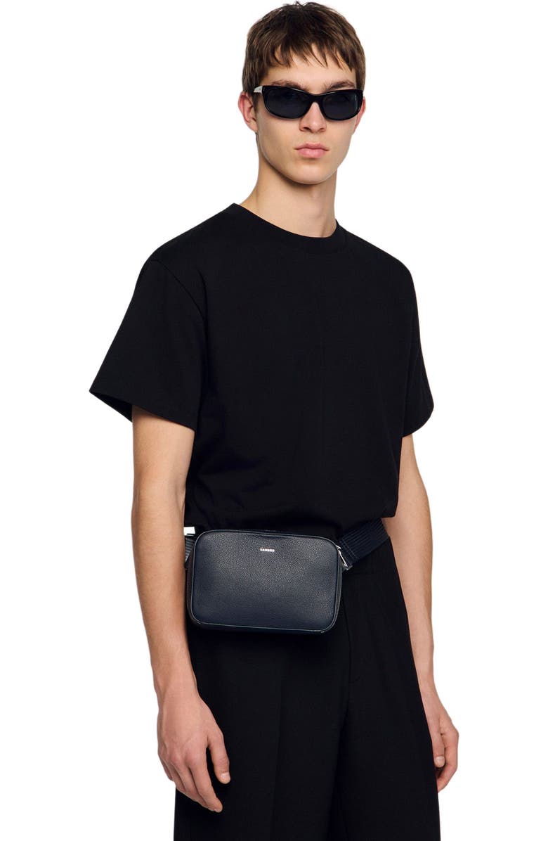 SANDRO Small grained leather bag, Alternate, color, Navy Blue