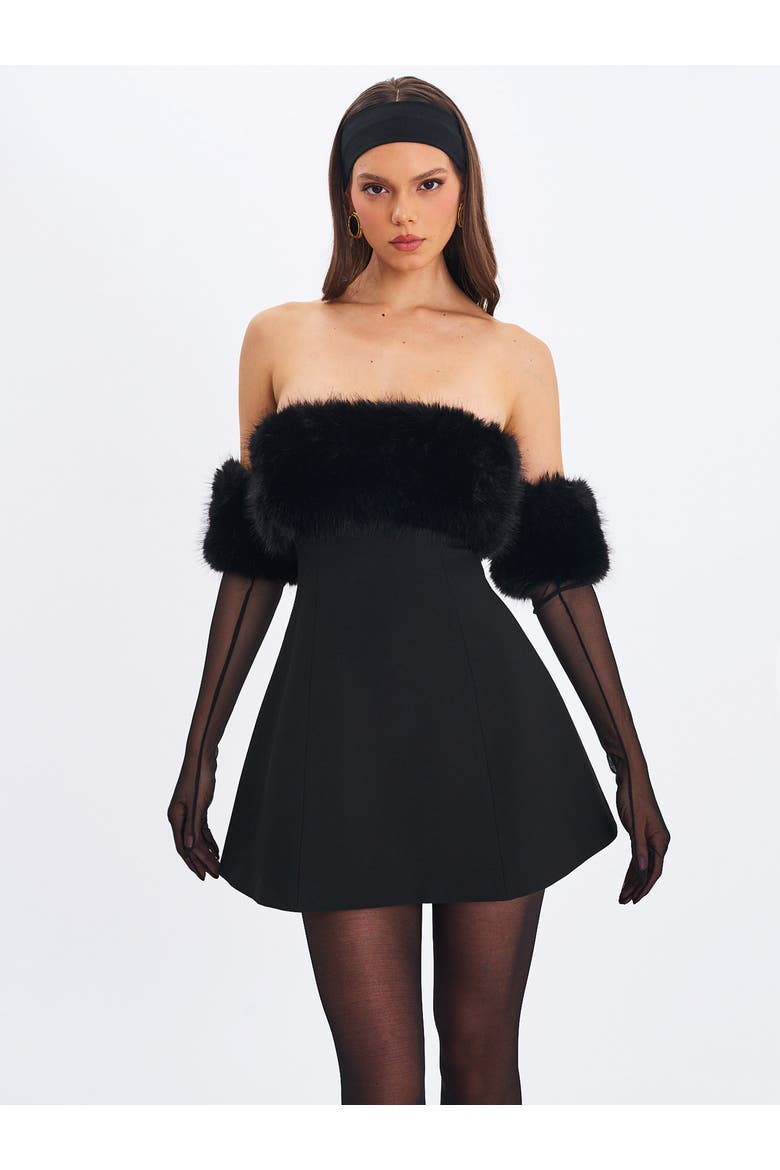 Evelyn Faux Fur-Trimmed Mini A-Line Dress, Main, color, Black