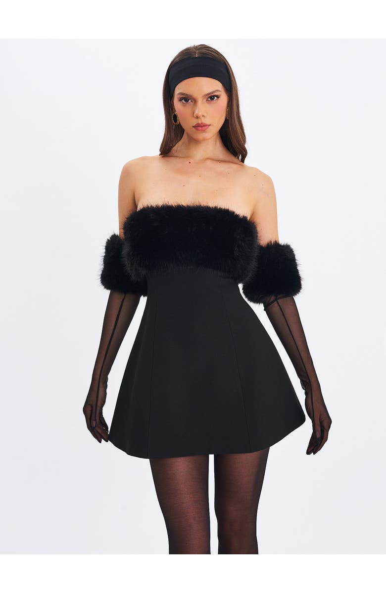 Miss Circle Evelyn Faux Fur-Trimmed Mini A-Line Dress, Main, color, Black
