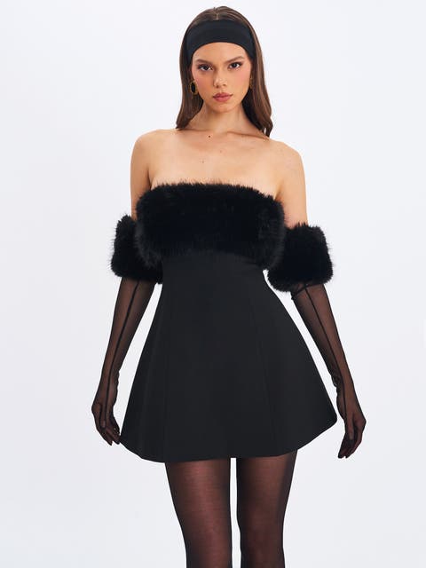 Evelyn Faux Fur-Trimmed Mini A-Line Dress