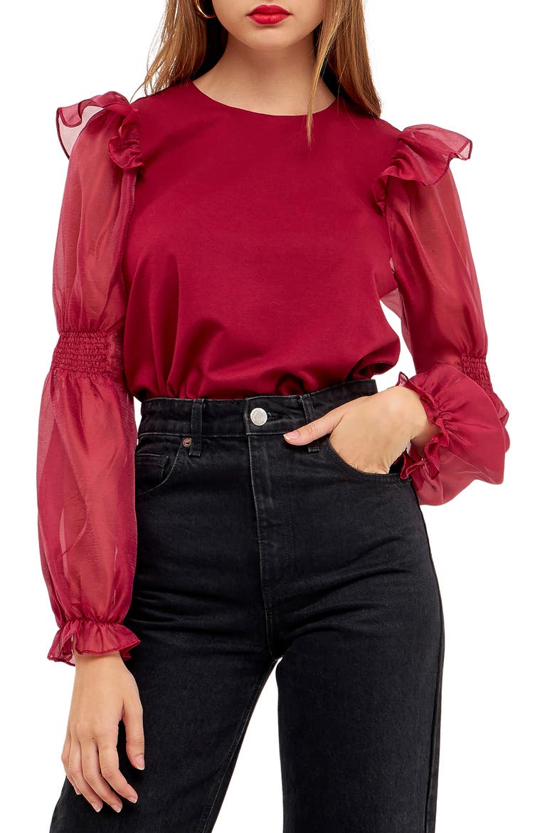 Puff Sleeve Cotton and Organza Blouse, Main, color, WINE