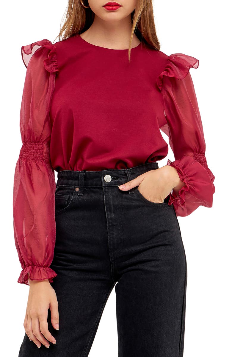 English Factory Puff Sleeve Cotton and Organza Blouse, Main, color, Wine