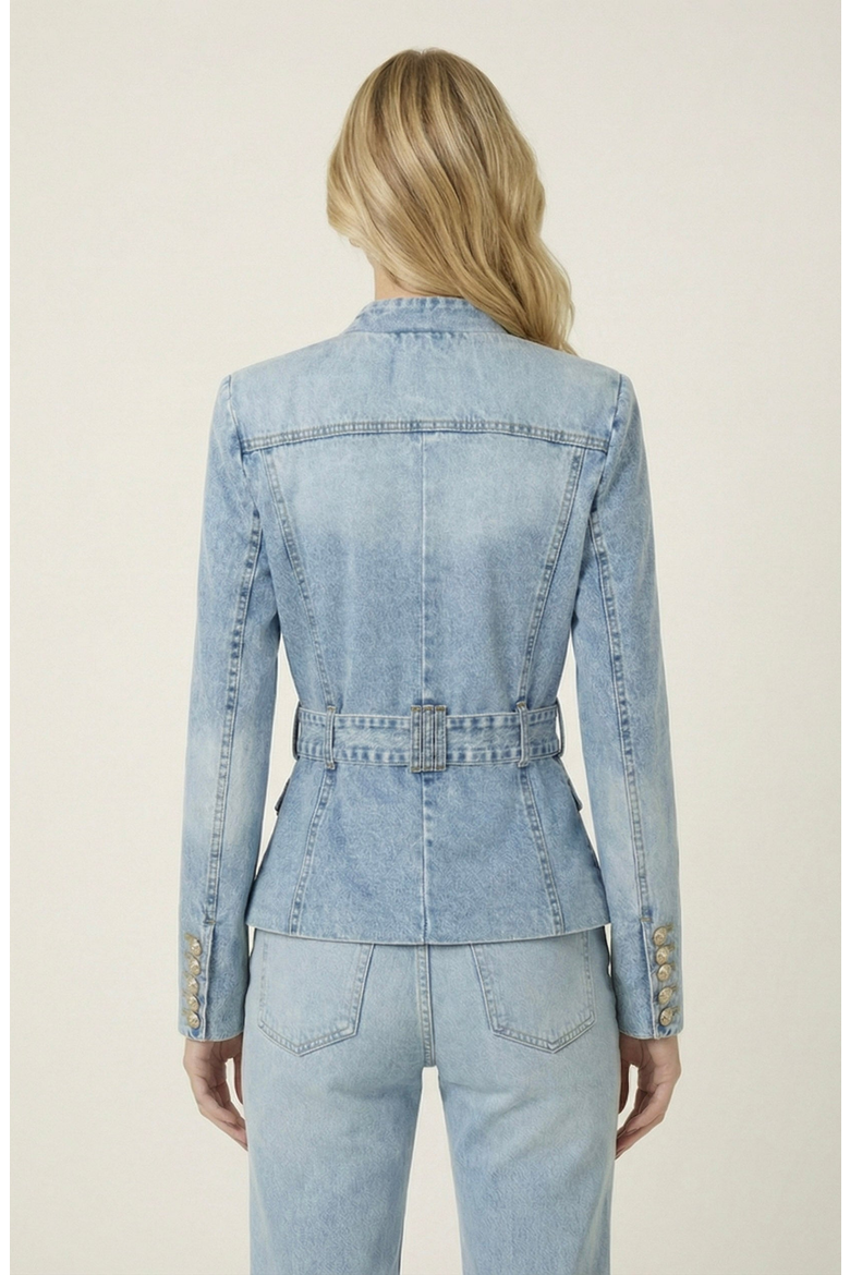 Denim Blazer with Belted Waist and Utility Pocket Detail, Alternate, color, Light Wash Blue