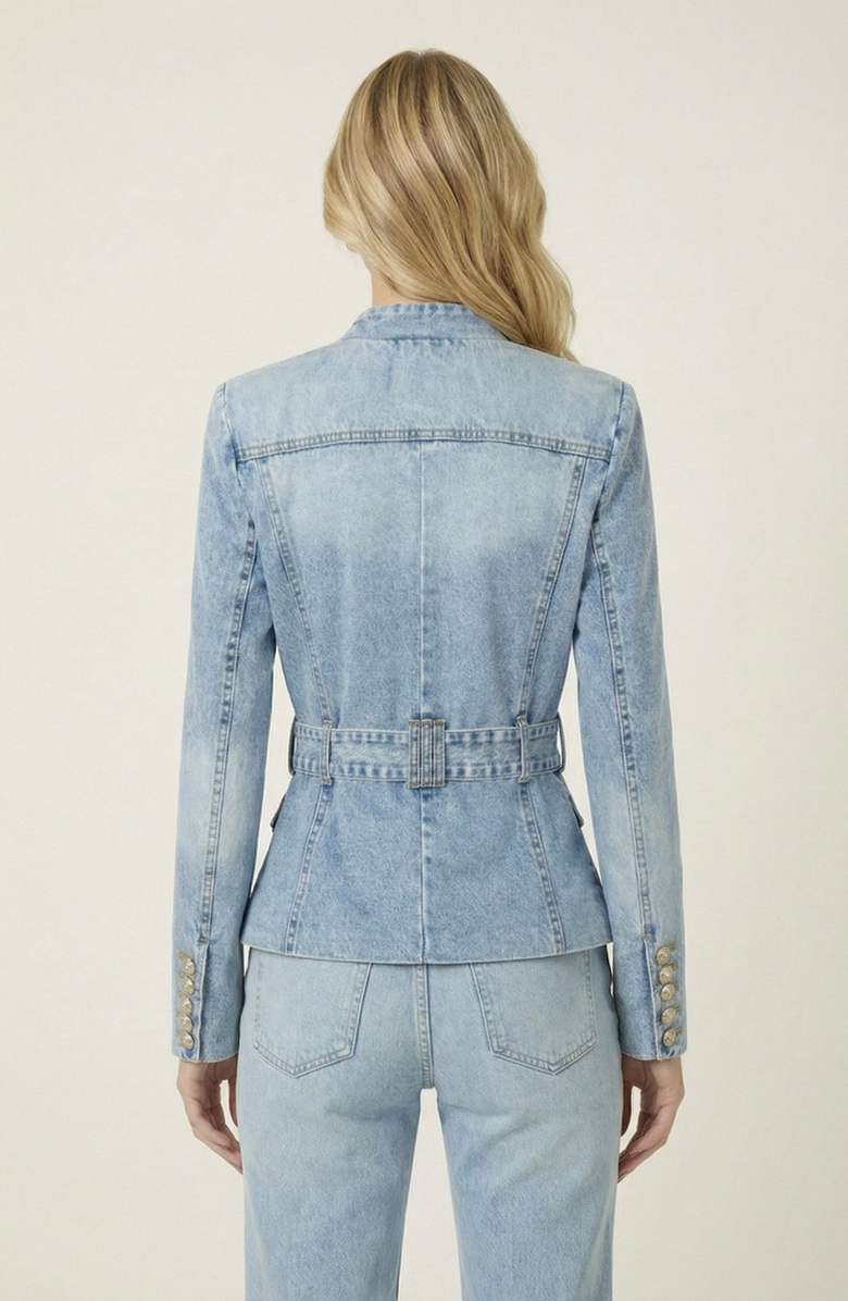 Modenaire Denim Blazer with Belted Waist and Utility Pocket Detail, Alternate, color, Light Wash Blue