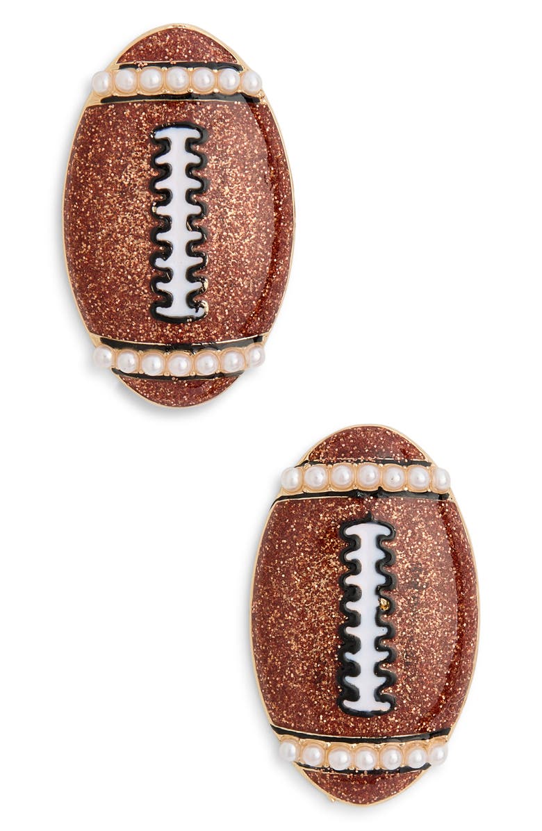 BaubleBar Faux Pearl Enamel Football Stud Earrings, Main, color, Brown