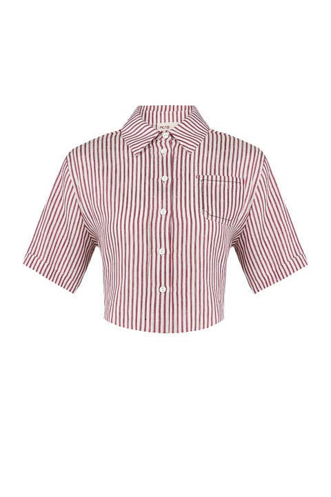 Pure Linen Free Heaven Red Striped Crop Shirt