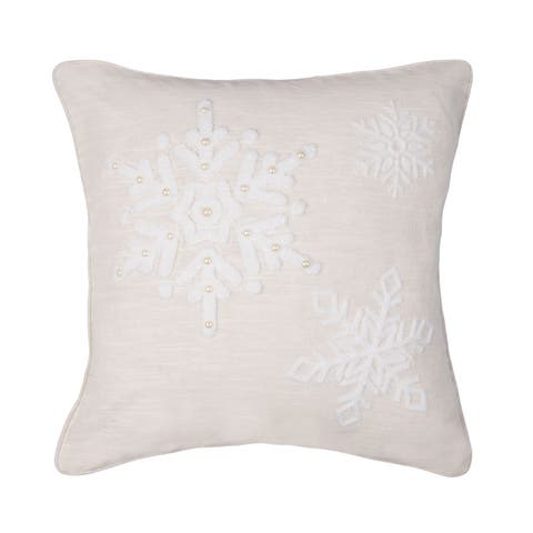 White Snowflakes w/ Pearl Beads Cotton Blend Christmas Accent Throw Pillow 18" x 18"