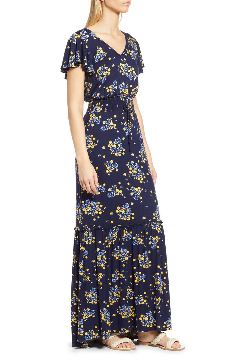 Floral Smock Waist Knit Maxi, Alternate, color, NAVY