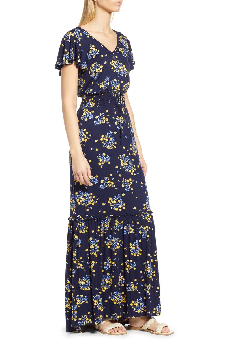 Loveappella Floral Smock Waist Knit Maxi, Alternate, color, Navy
