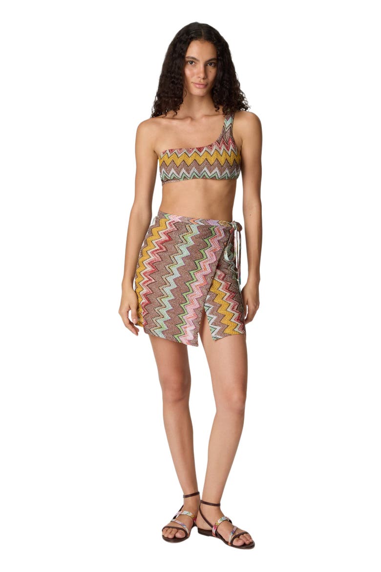 Mini Pareo Skirt In Lamé Viscose With Macro Zigzag Pattern, Main, color, Black & Multicoloured