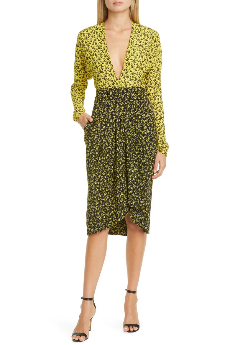 Two-Tone Floral Print Long Sleeve Crêpe de Chine Dress, Main, color, 4031 BLACK