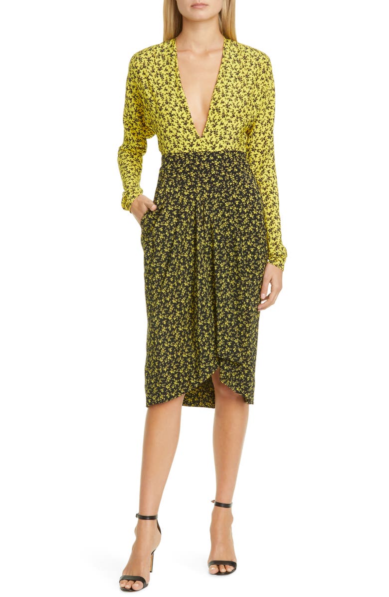 Philosophy Di Lorenzo Serafini Two-Tone Floral Print Long Sleeve Crêpe de Chine Dress, Main, color, 