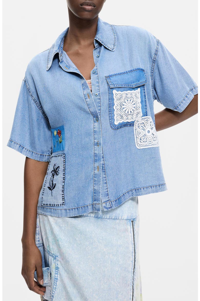 Patchwork Denim Shirt, Main, color, LIGHT BLUE