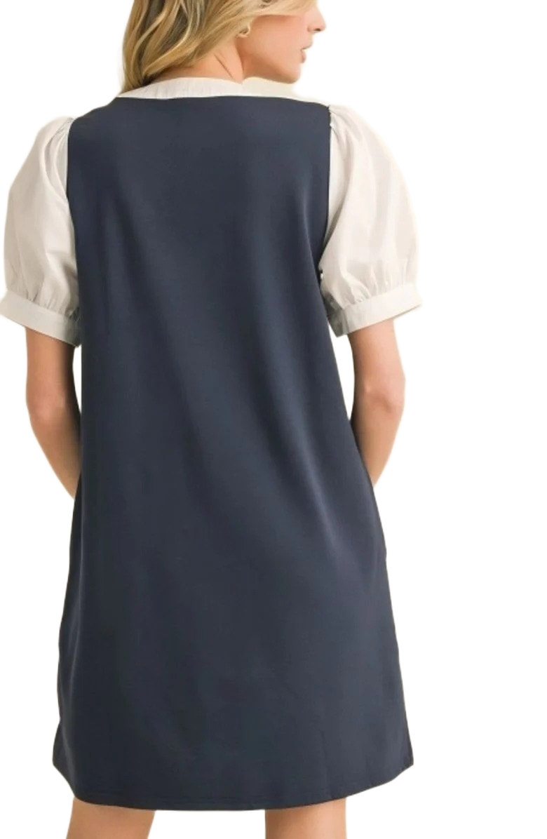 Knit and Lounge Puff Sleeve Layered Contrast Bow Tie Neckline Dress, Alternate, color,