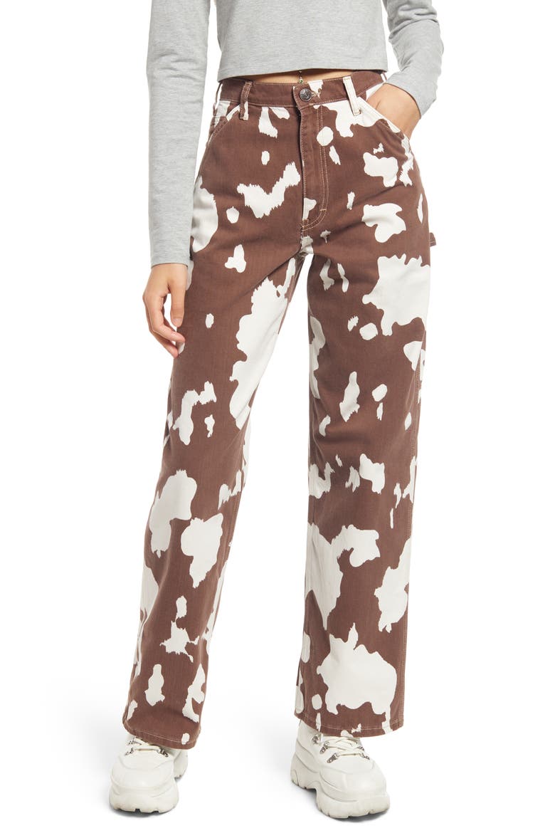Juno High Waist Cow Print Nonstretch Cotton Jeans, Main, color, ECRU