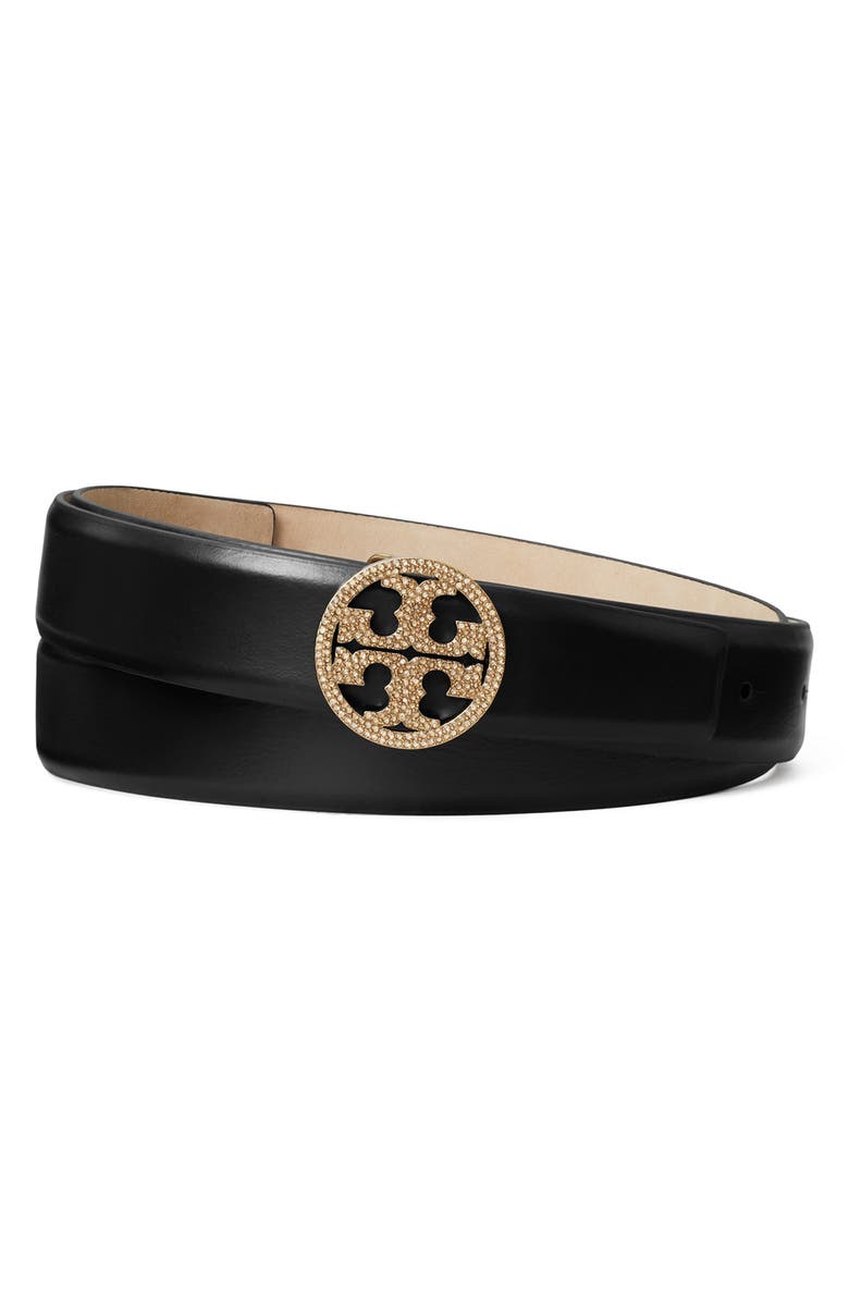 Tory Burch Miller Pavé Logo Leather Belt, Main, color, Black