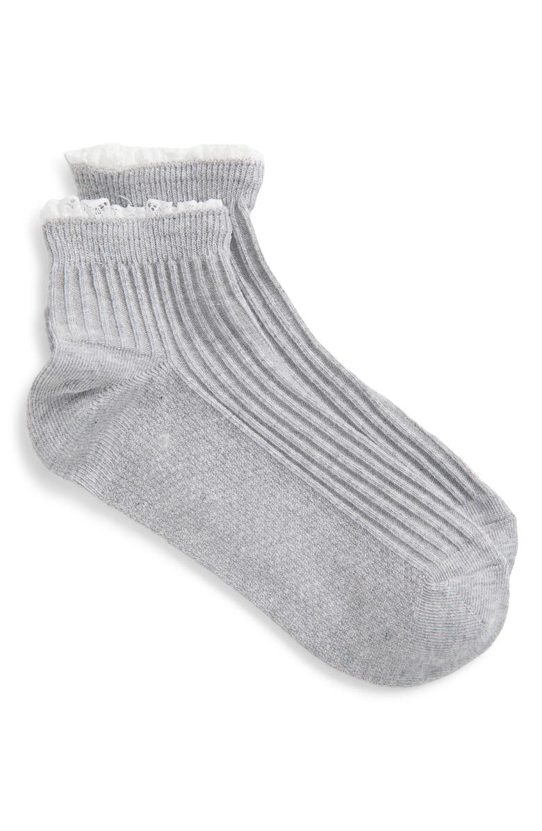 MUK LUKS Lace Trim Cotton Blend Rib Quarter Socks, Main, color, Grey Heather