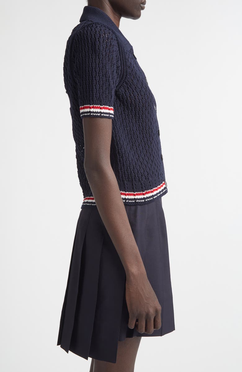 Thom Browne Hector Icon Pointelle Stitch Crop Cardigan, Alternate, color, Navy