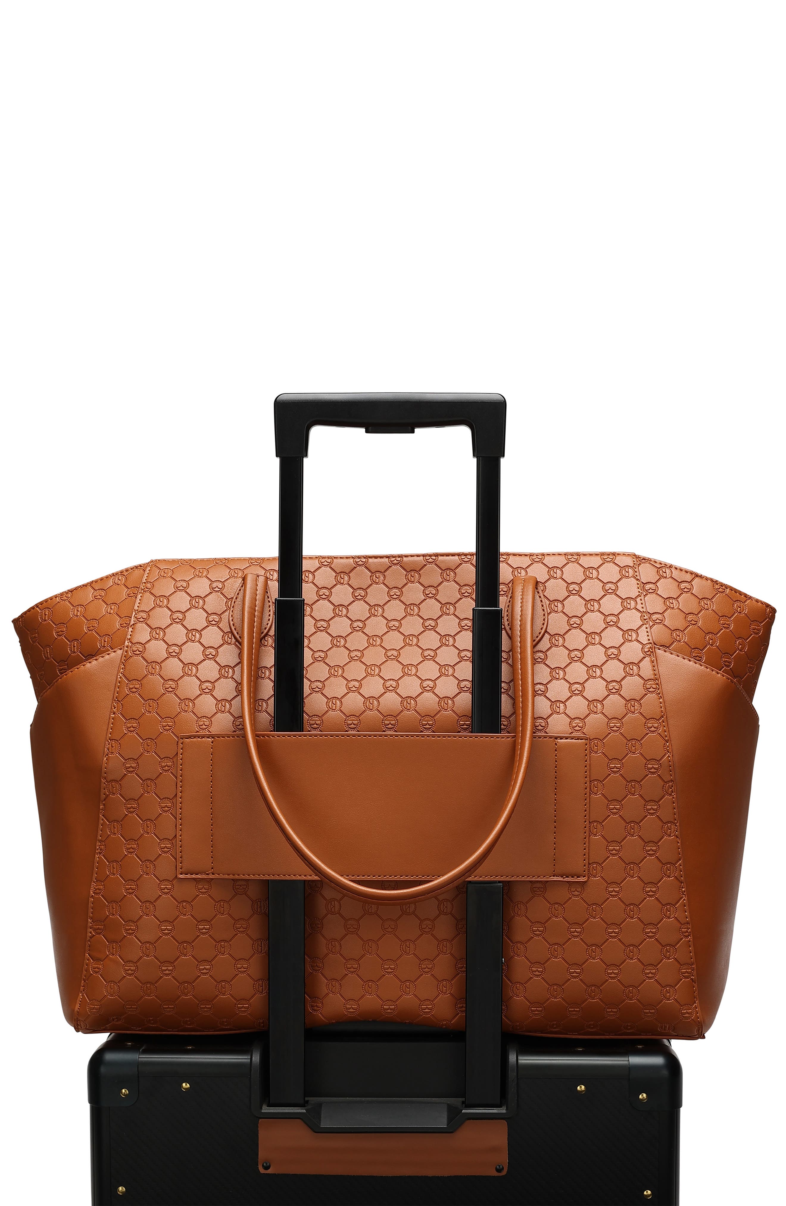 ELLE Compass 32L Vegan Leather Monogram Weekender Duffel Bag, Alternate, color, Brown