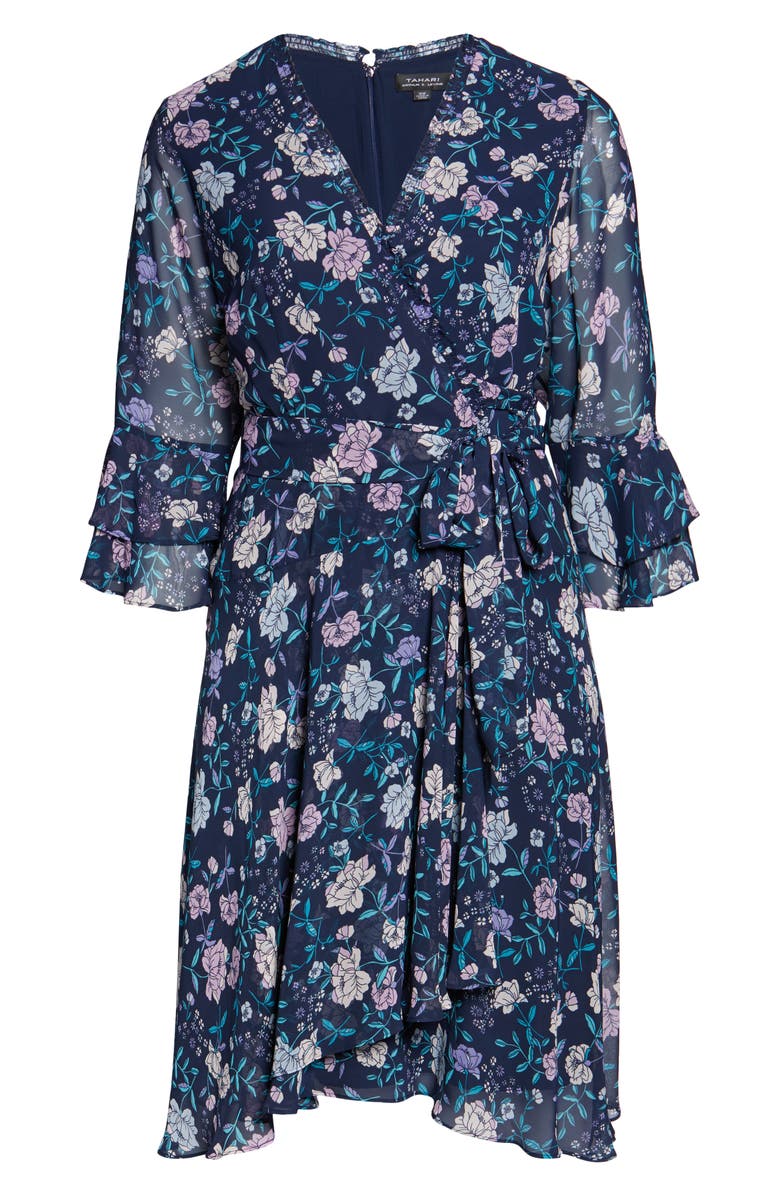 Tahari Long Sleeve Faux Wrap Chiffon Dress, Alternate, color,