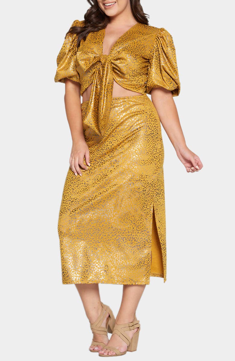 L I V D Cheetah Print Foil Tie Front Ponte Crop Top & Skirt Set, Alternate, color, Mustard