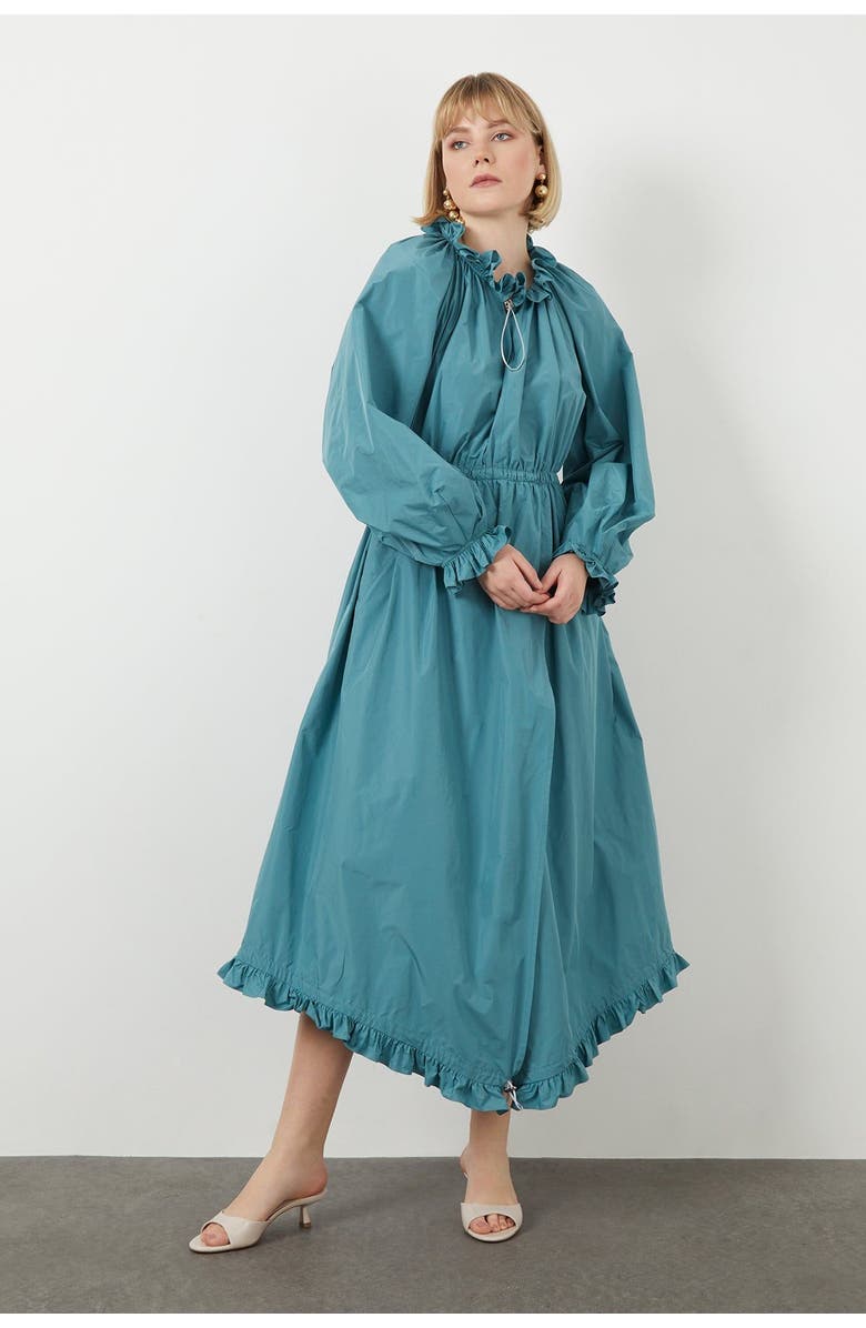 Gizia Turquoise Ruffle Neck Dress with Gathered Waist, Main, color, Green