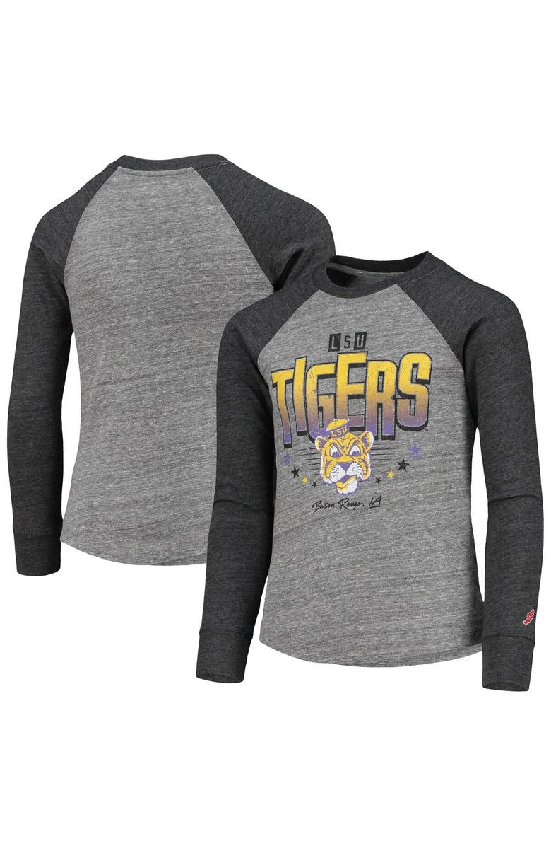 LEAGUE COLLEGIATE WEAR Youth League Collegiate Wear Heathered Gray LSU Tigers Baseball Tri-Blend Raglan Long Sleeve T-Shirt, Main, color,