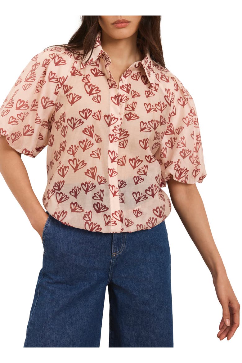 Heart Print Puff Sleeve Shirt, Main, color, Light Pink