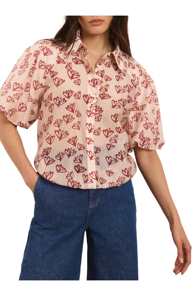 MINT VELVET Heart Print Puff Sleeve Shirt, Main, color, Light Pink