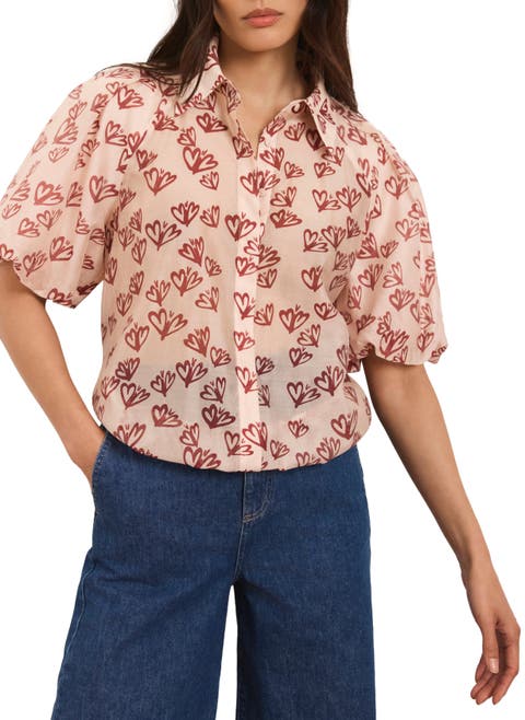 Heart Print Puff Sleeve Shirt