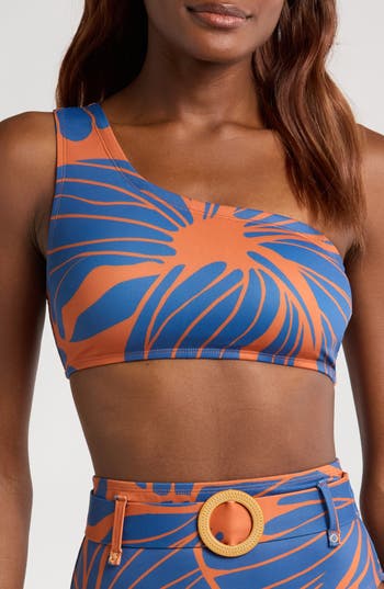 Hutch One-shoulder Bikini Top In Copper Block Print Plumeria