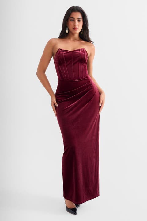 Strapless Velvet Ruched Sculpting Corset Gown