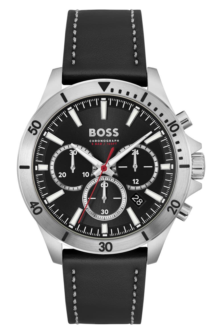 Troper Chronograph Leather Strap Watch, 45mm, Main, color, BLACK